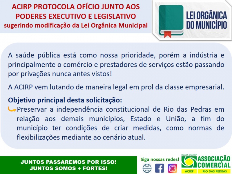 ACIRP PROTOCOLA OFÍCIO JUNTO AOS PODERES EXECUTIVO E LEGISLATIVO SUGERINDO MODIFICAÇÃO DA LEI ORGÂNICA MUNICIPAL