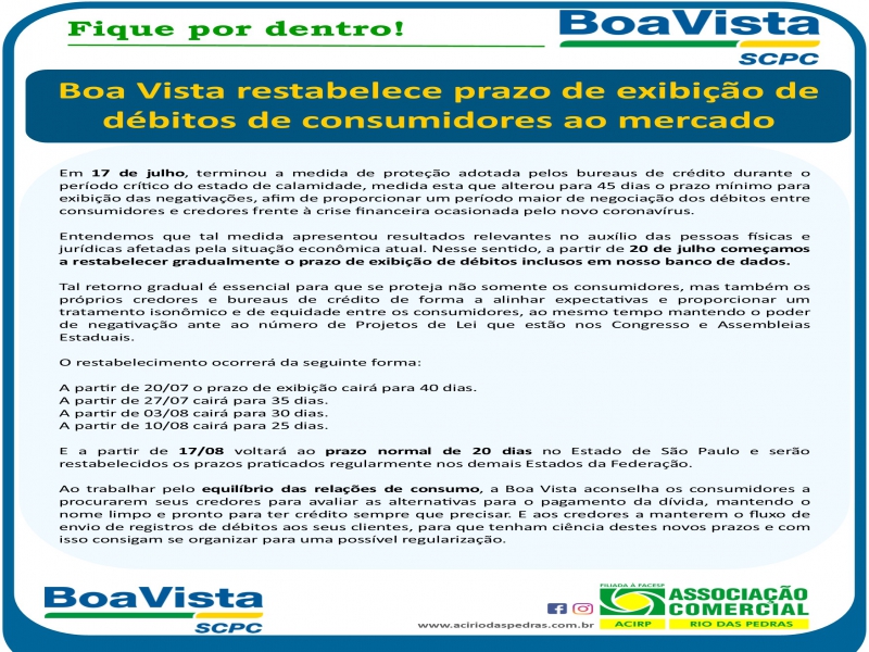 Boa Vista restabelece prazo de exibição de débitos de consumidores ao mercado