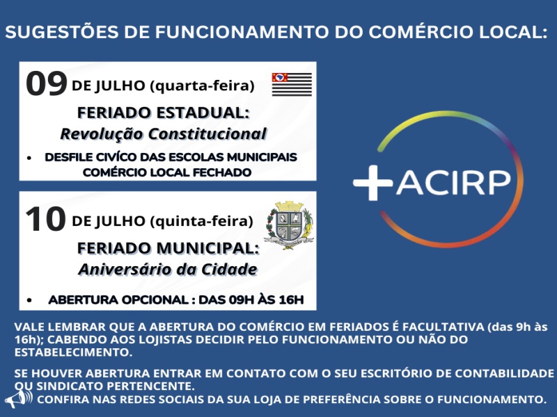 Feriados: 09 e 10 de julho de 2025