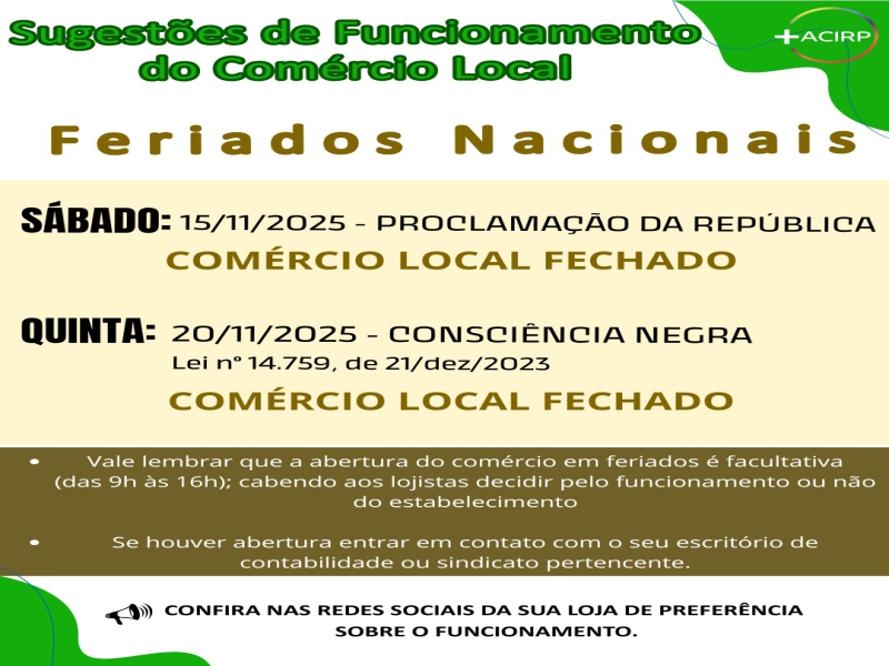 Feriados: 15 e 20 de novembro de 2025