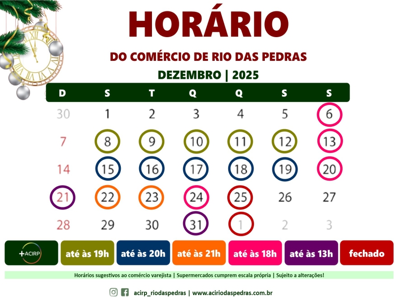 Horário do Comércio de Rio das Pedras (Dezembro|2025)