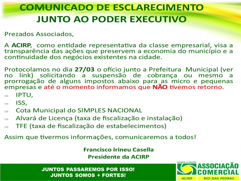 COMUNICADO DE ESCLARECIMENTO JUNTO AO PODER EXECUTIVO